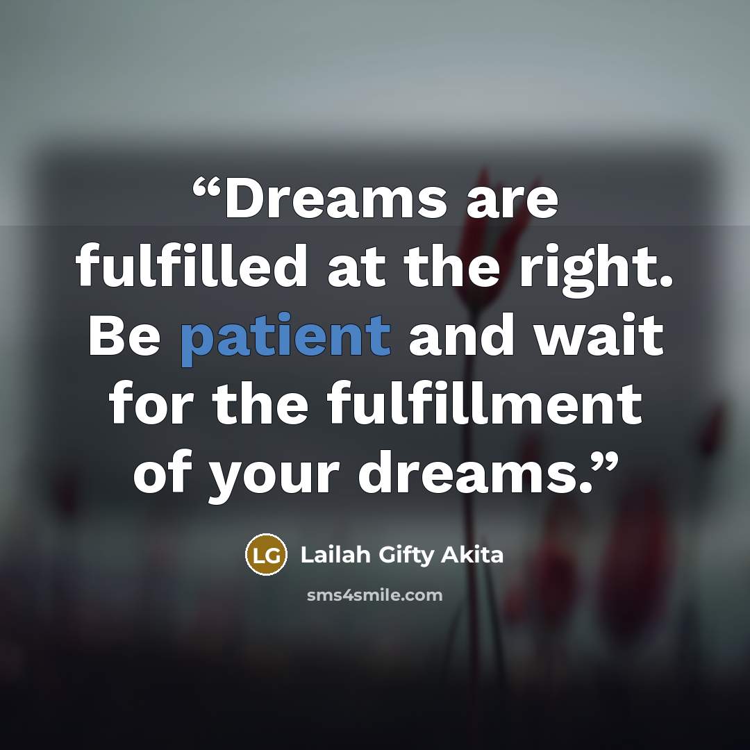 “Dreams are fulfilled at the right. Be patient and wait for the fulfillment of your dreams.” quote by Lailah Gifty Akita