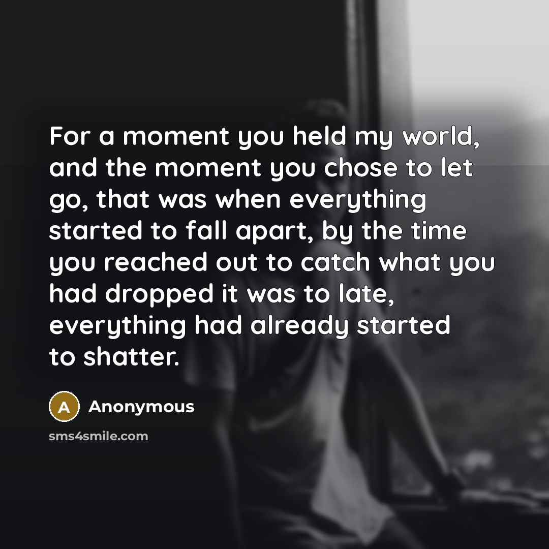 “For a moment you held my world, and the moment you chose to let go, that was when everything started to fall apart, by the time you reached out to catch what you had dropped it was to late, everything had already started to shatter.” quote by Anonymous