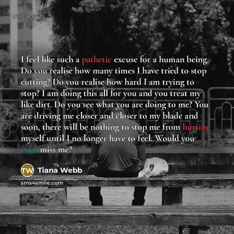 “I feel like such a pathetic excuse for a human being. Do you realise how many times I have tried to stop cutting? Do you realise how hard I am trying to stop? I am doing this all for you and you treat my like dirt. Do you see what you are doing to me? You are driving me closer and closer to my…” quote by Tiana Webb