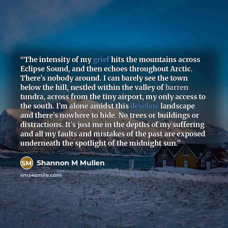 “The intensity of my grief hits the mountains across Eclipse Sound, and then echoes throughout Arctic. There’s nobody around. I can barely see the town below the hill, nestled within the valley of barren tundra, across from the tiny airport, my only access to the south. I’m alone amidst this…” quote by Shannon M Mullen