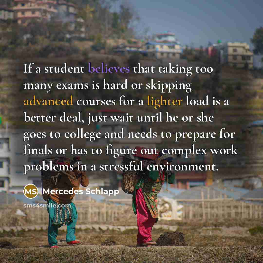 “If a student believes that taking too many exams is hard or skipping advanced courses for a lighter load is a better deal, just wait until he or she goes to college and needs to prepare for finals or has to figure out complex work problems in a stressful environment.” quote by Mercedes Schlapp