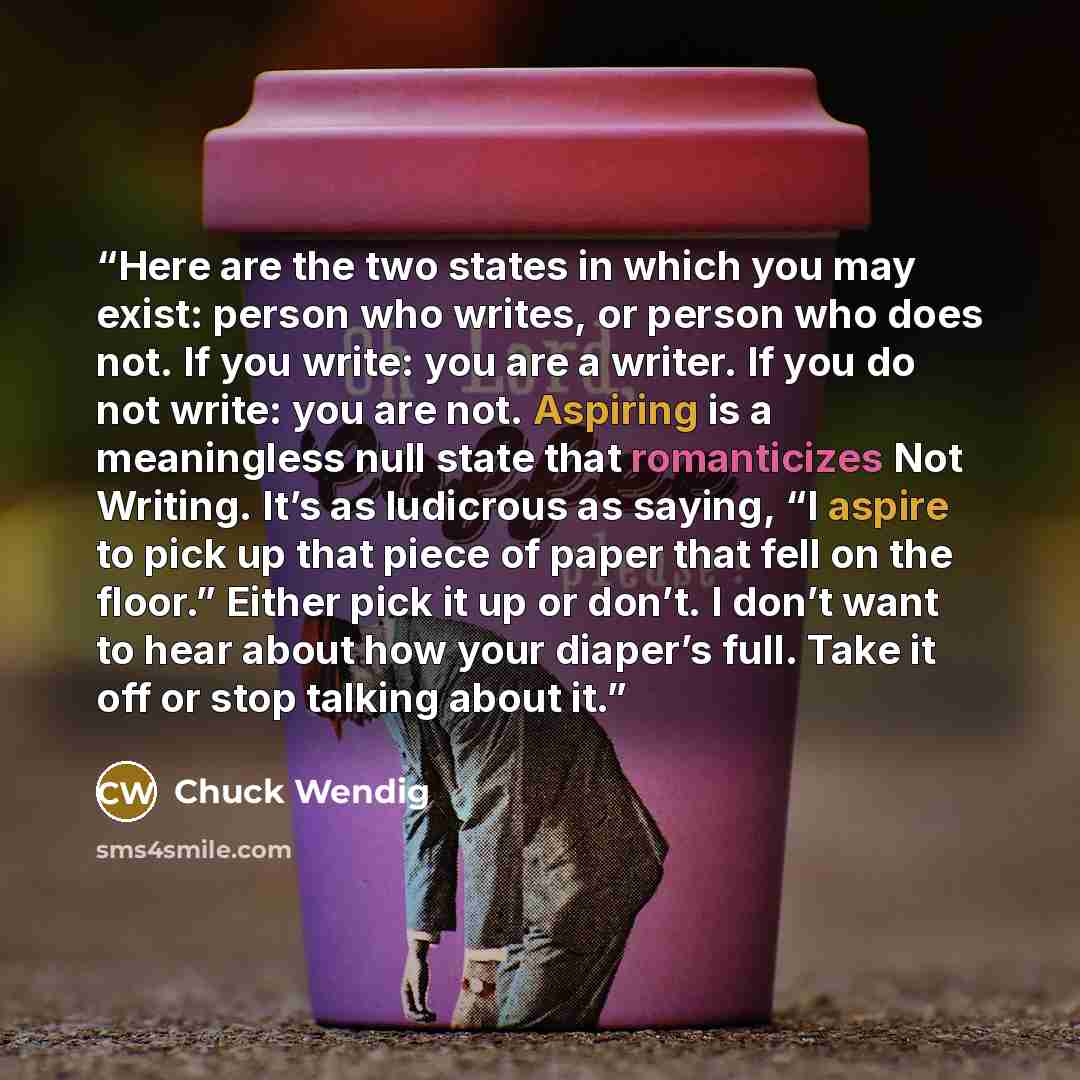 “Here are the two states in which you may exist: person who writes, or person who does not. If you write: you are a writer. If you do not write: you are not. Aspiring is a meaningless null state that romanticizes Not Writing. It’s as ludicrous as saying, “I aspire to pick up that piece of paper…” quote by Chuck Wendig