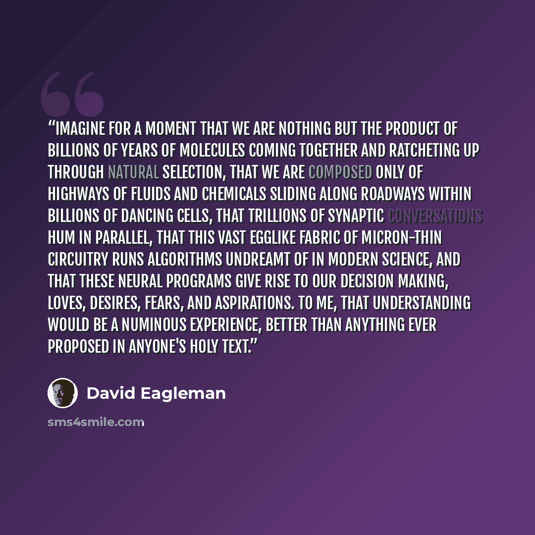 “Imagine for a moment that we are nothing but the product of billions of years of molecules coming together and ratcheting up through natural selection, that we are composed only of highways of fluids and chemicals sliding along roadways within billions of dancing cells, that trillions of synaptic…” quote by David Eagleman