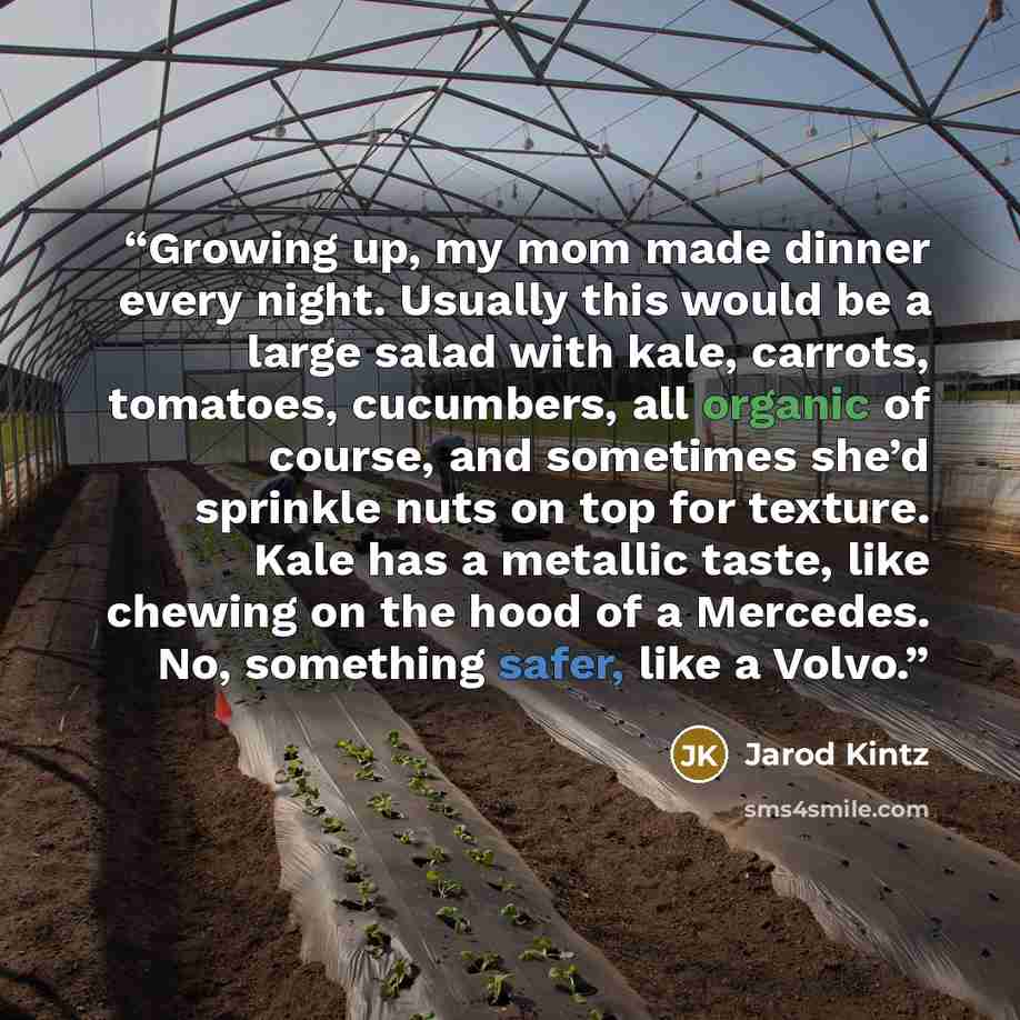 “Growing up, my mom made dinner every night. Usually this would be a large salad with kale, carrots, tomatoes, cucumbers, all organic of course, and sometimes she’d sprinkle nuts on top for texture. Kale has a metallic taste, like chewing on the hood of a Mercedes. No, something safer, like a Volvo.” quote by Jarod Kintz
