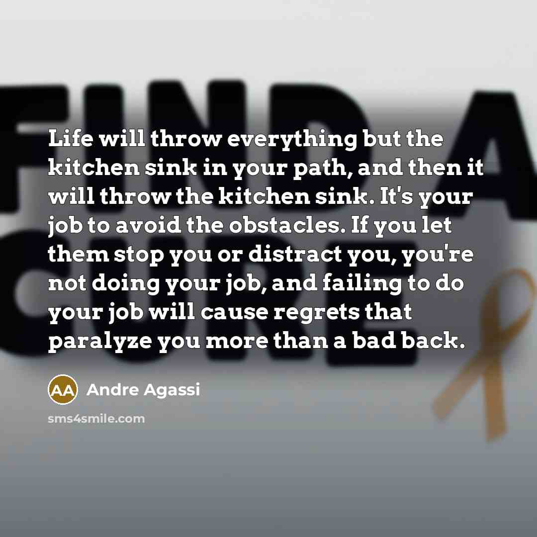 “Life will throw everything but the kitchen sink in your path, and then it will throw the kitchen sink. It's your job to avoid the obstacles. If you let them stop you or distract you, you're not doing your job, and failing to do your job will cause regrets that paralyze you more than a bad back.” quote by Andre Agassi