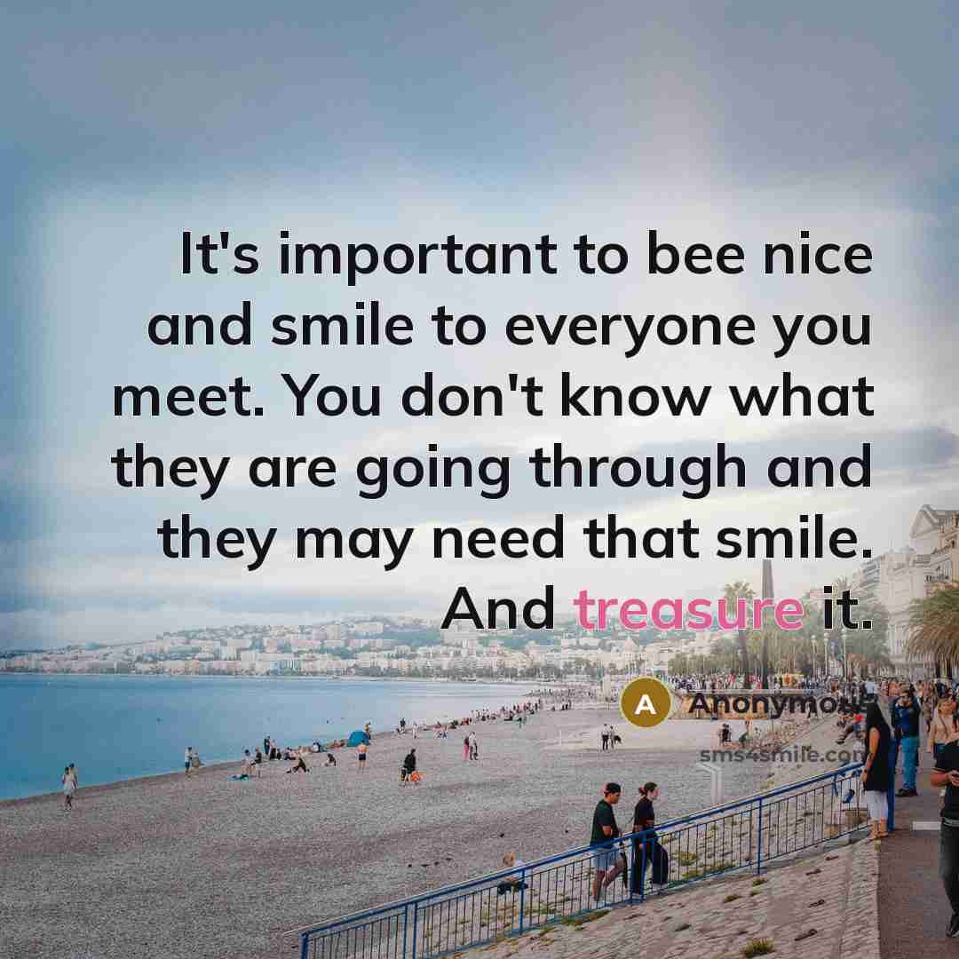 “It's important to bee nice and smile to everyone you meet. You don't know what they are going through and they may need that smile. And treasure it.” quote by Anonymous