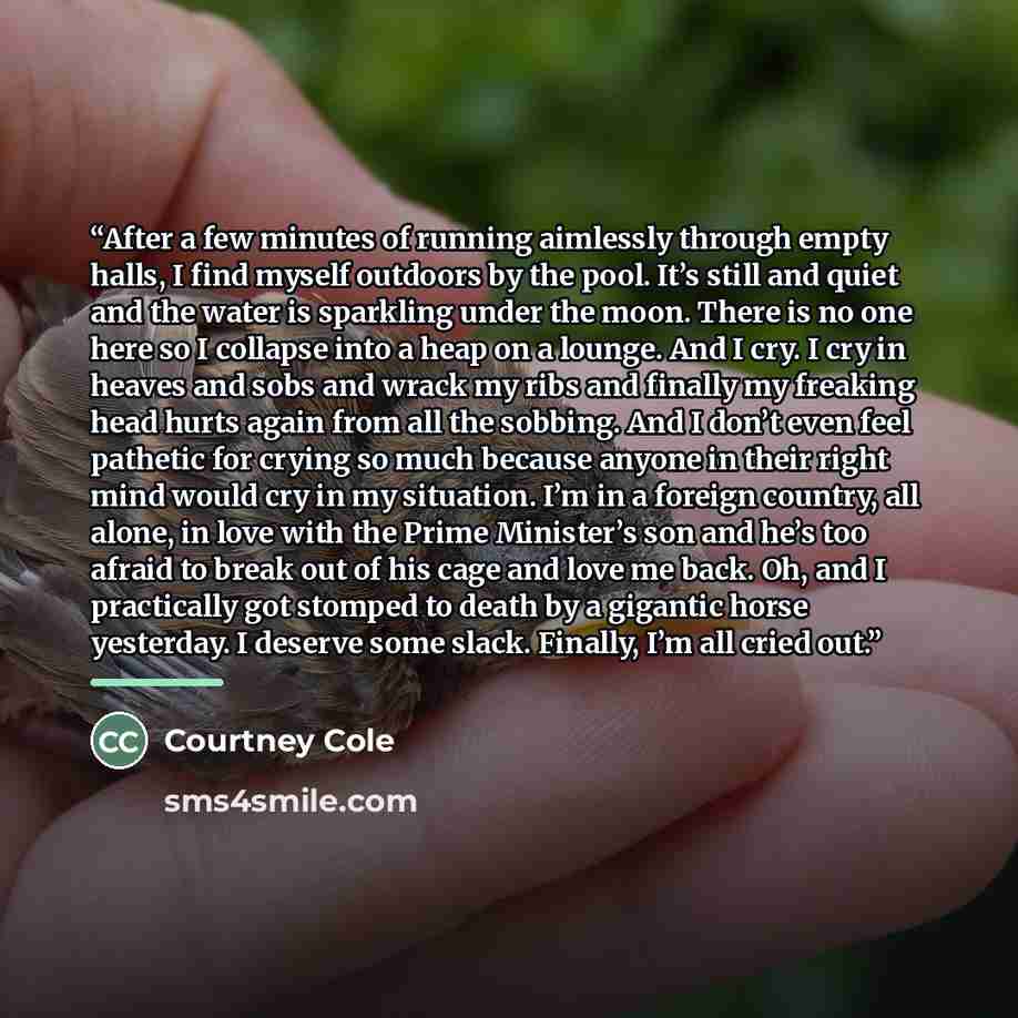 “After a few minutes of running aimlessly through empty halls, I find myself outdoors by the pool. It’s still and quiet and the water is sparkling under the moon. There is no one here so I collapse into a heap on a lounge. And I cry. I cry in heaves and sobs and wrack my ribs and finally my…” quote by Courtney Cole