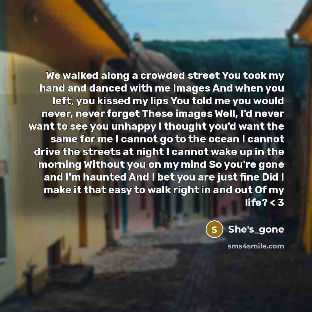 “We walked along a crowded street You took my hand and danced with me Images And when you left, you kissed my lips You told me you would never, never forget These images Well, I'd never want to see you unhappy I thought you'd want the same for me I cannot go to the ocean I cannot drive the streets…” quote by She's_gone
