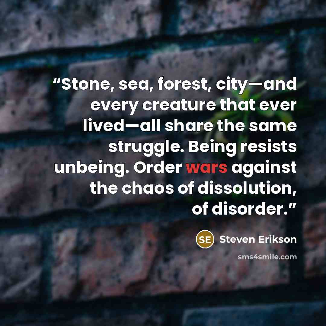 “Stone, sea, forest, city—and every creature that ever lived—all share the same struggle. Being resists unbeing. Order wars against the chaos of dissolution, of disorder.” quote by Steven Erikson