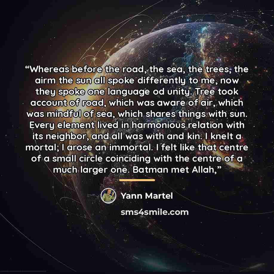 “Whereas before the road, the sea, the trees, the airm the sun all spoke differently to me, now they spoke one language od unity. Tree took account of road, which was aware of air, which was mindful of sea, which shares things with sun. Every element lived in harmonious relation with its neighbor…” quote by Yann Martel