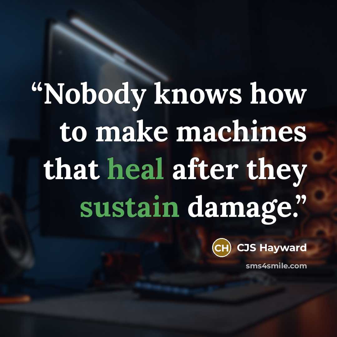 “Nobody knows how to make machines that heal after they sustain damage.” quote by CJS Hayward