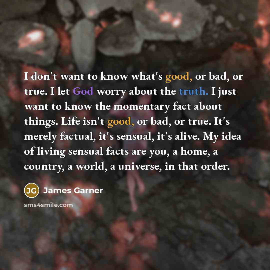 “I don't want to know what's good, or bad, or true. I let God worry about the truth. I just want to know the momentary fact about things. Life isn't good, or bad, or true. It's merely factual, it's sensual, it's alive. My idea of living sensual facts are you, a home, a country, a world, a universe…” quote by James Garner