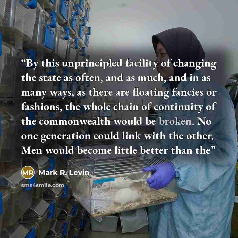 “By this unprincipled facility of changing the state as often, and as much, and in as many ways, as there are floating fancies or fashions, the whole chain of continuity of the commonwealth would be broken. No one generation could link with the other. Men would become little better than the” quote by Mark R. Levin