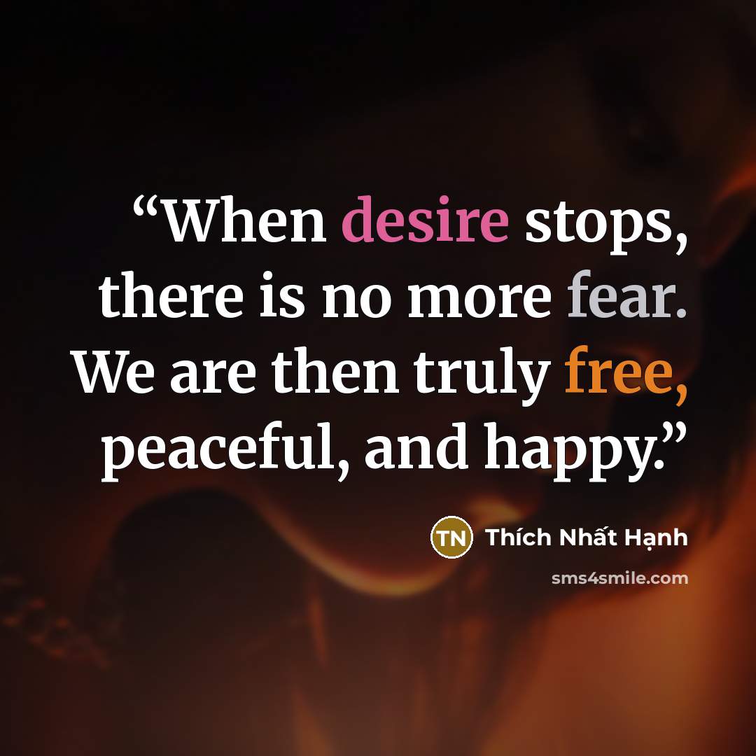 “When desire stops, there is no more fear. We are then truly free, peaceful, and happy.” quote by Thich Nhat Hanh