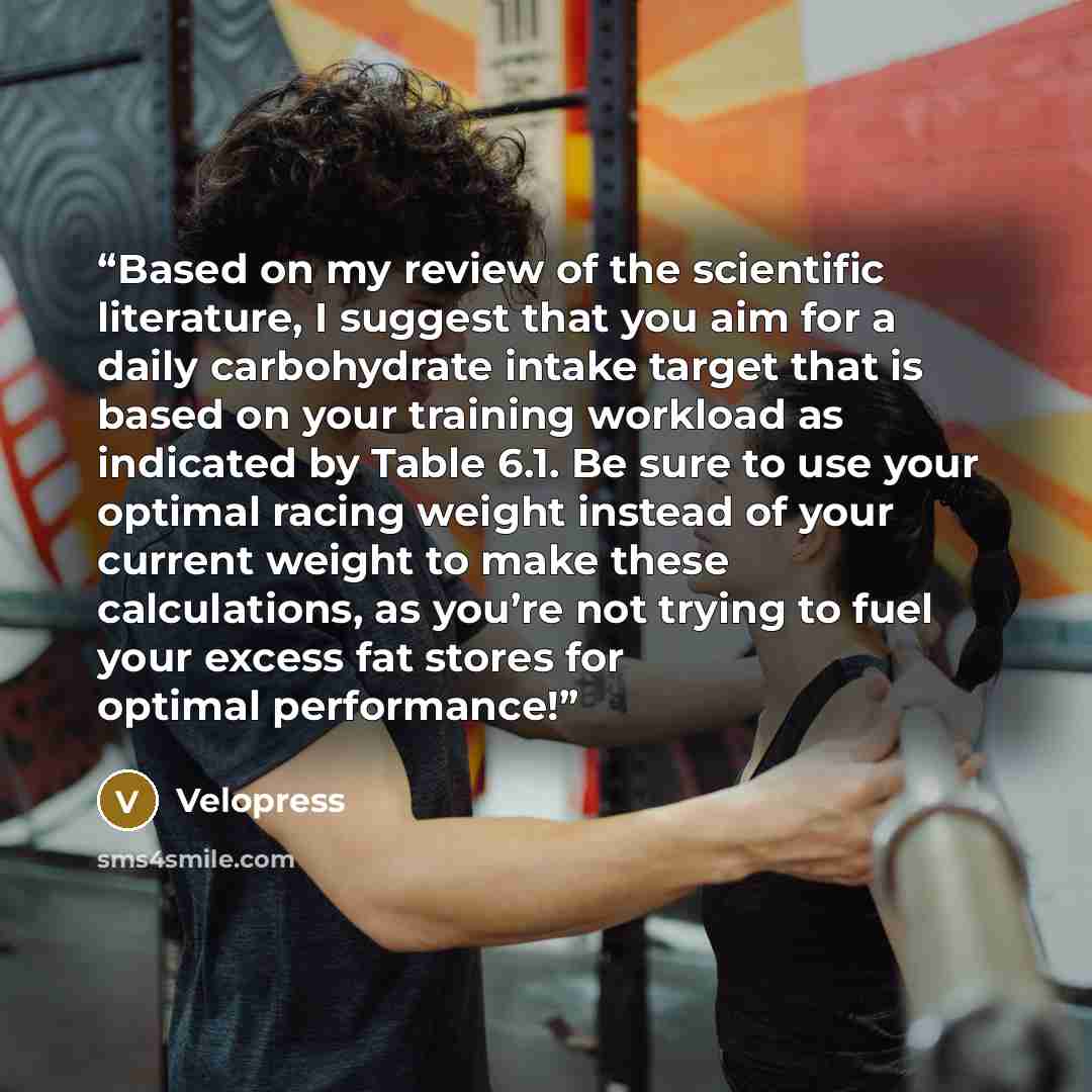 “Based on my review of the scientific literature, I suggest that you aim for a daily carbohydrate intake target that is based on your training workload as indicated by Table 6.1. Be sure to use your optimal racing weight instead of your current weight to make these calculations, as you’re not…” quote by Velopress