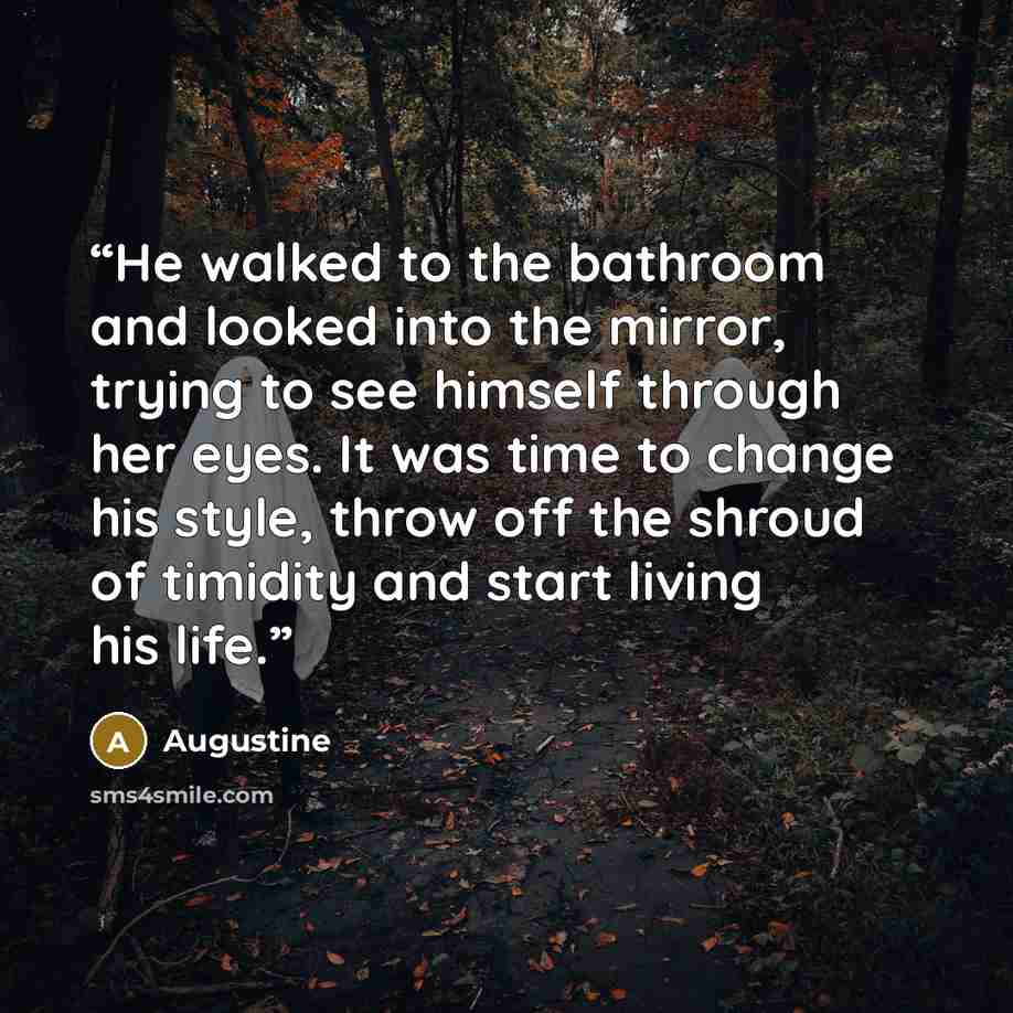 “He walked to the bathroom and looked into the mirror, trying to see himself through her eyes. It was time to change his style, throw off the shroud of timidity and start living his life.” quote by Augustine