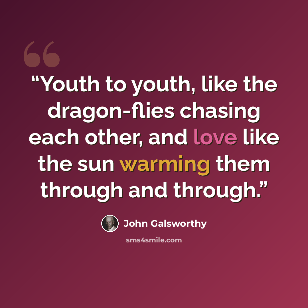“Youth to youth, like the dragon-flies chasing each other, and love like the sun warming them through and through.” quote by John Galsworthy