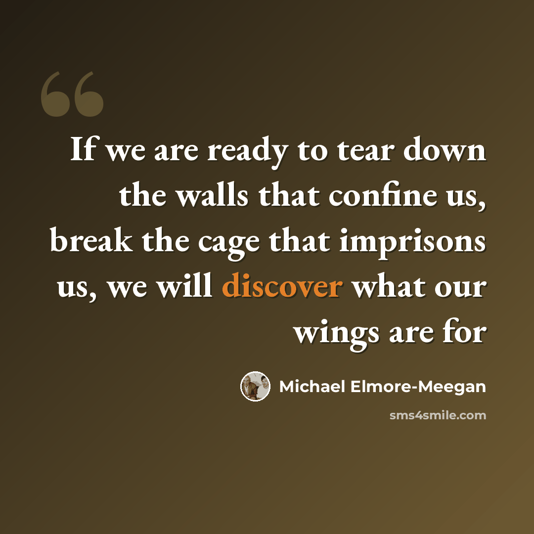“If we are ready to tear down the walls that confine us, break the cage that imprisons us, we will discover what our wings are for” quote by Michael Elmore-Meegan