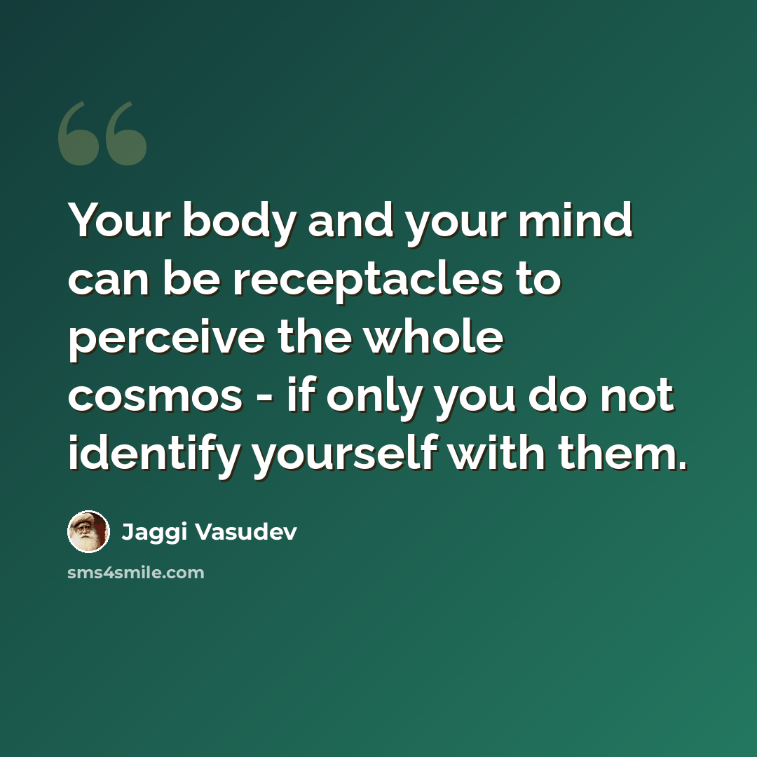 “Your body and your mind can be receptacles to perceive the whole cosmos - if only you do not identify yourself with them.” quote by Jaggi Vasudev