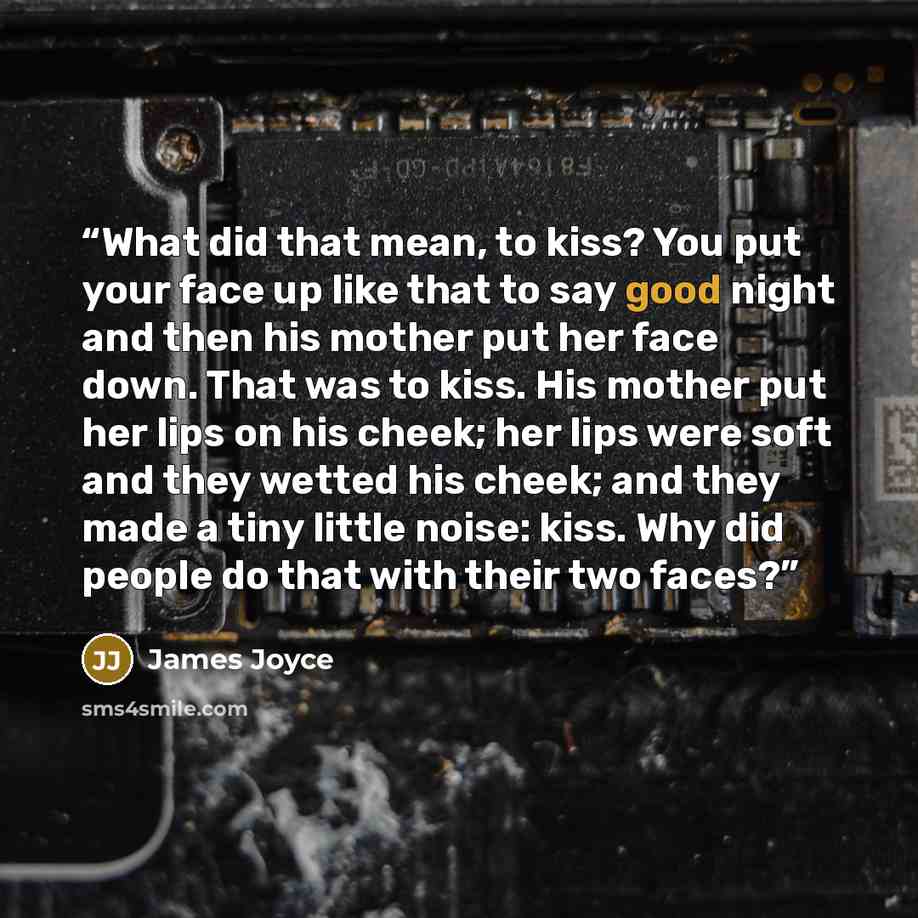 “What did that mean, to kiss? You put your face up like that to say good night and then his mother put her face down. That was to kiss. His mother put her lips on his cheek; her lips were soft and they wetted his cheek; and they made a tiny little noise: kiss. Why did people do that with their two…” quote by James Joyce