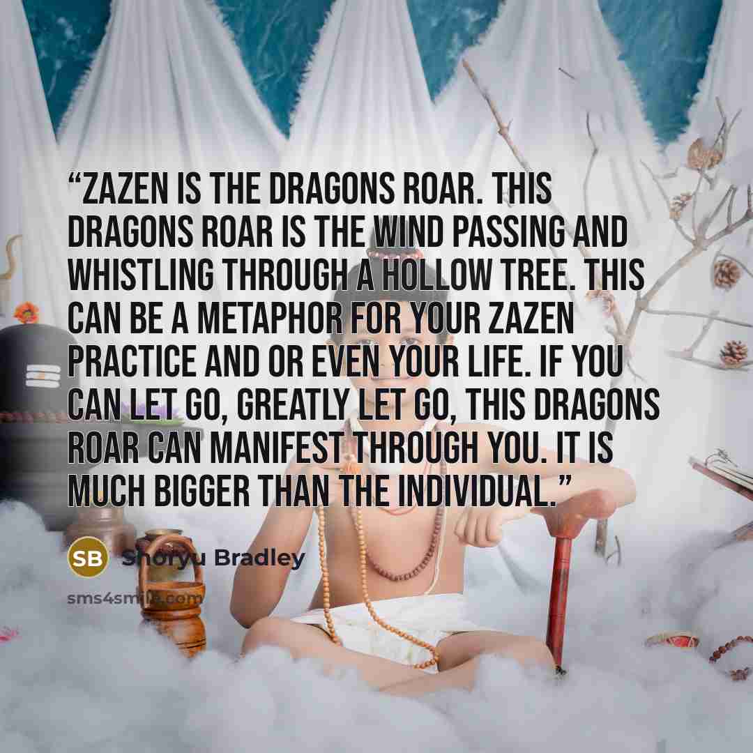 “Zazen is the dragons roar. This dragons roar is the wind passing and whistling through a hollow tree. This can be a metaphor for your Zazen practice and or even your life. If you can let go, greatly let go, this dragons roar can manifest through you. It is much bigger than the individual.” quote by Shoryu Bradley