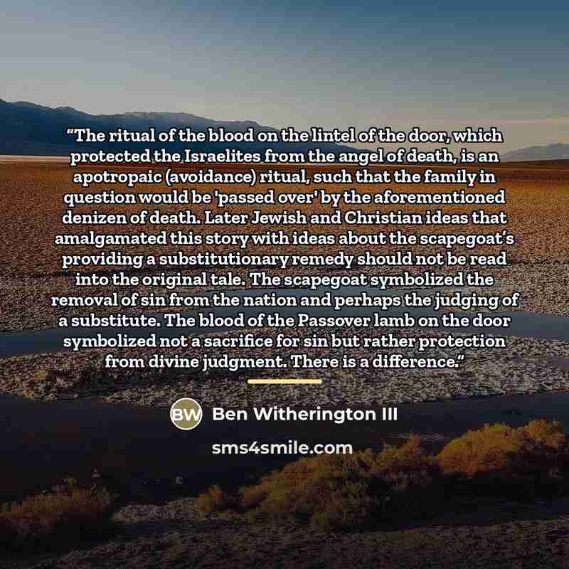 “The ritual of the blood on the lintel of the door, which protected the Israelites from the angel of death, is an apotropaic (avoidance) ritual, such that the family in question would be 'passed over' by the aforementioned denizen of death. Later Jewish and Christian ideas that amalgamated this…” quote by Ben Witherington III