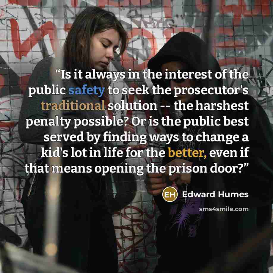 “Is it always in the interest of the public safety to seek the prosecutor's traditional solution -- the harshest penalty possible? Or is the public best served by finding ways to change a kid's lot in life for the better, even if that means opening the prison door?” quote by Edward Humes
