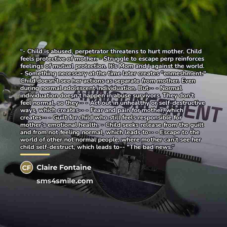 “- Child is abused, perpetrator threatens to hurt mother. Child feels protective of mother. - Struggle to escape perp reinforces feelings of mutual protection. It's Mom and I against the world. - Something necessary at the time later creates "enmeshment." Child doesn't see her actions as separate…” quote by Claire Fontaine