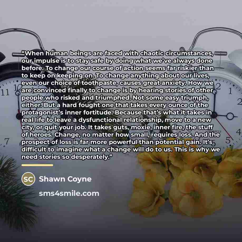 “When human beings are faced with chaotic circumstances, our impulse is to stay safe by doing what we’ve always done before. To change our course of action seems far riskier than to keep on keeping on. To change anything about our lives, even our choice of toothpaste, causes great anxiety. How we…” quote by Shawn Coyne