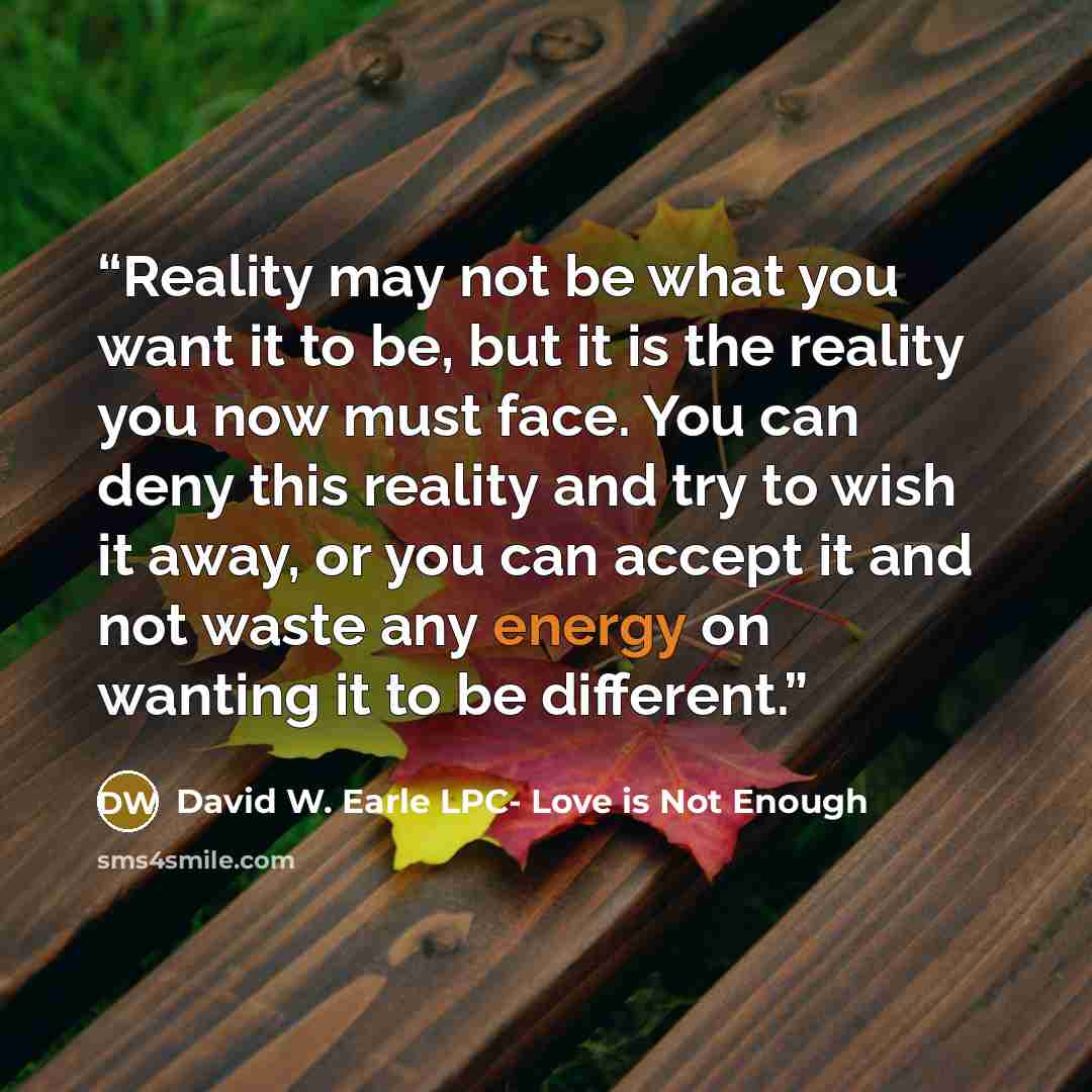 “Reality may not be what you want it to be, but it is the reality you now must face. You can deny this reality and try to wish it away, or you can accept it and not waste any energy on wanting it to be different.” quote by David W. Earle LPC- Love is Not Enough