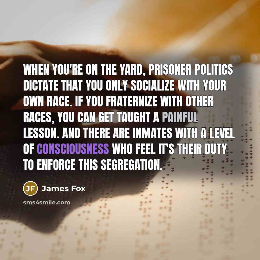 “When you're on the yard, prisoner politics dictate that you only socialize with your own race. If you fraternize with other races, you can get taught a painful lesson. And there are inmates with a level of consciousness who feel it's their duty to enforce this segregation.” quote by James Fox