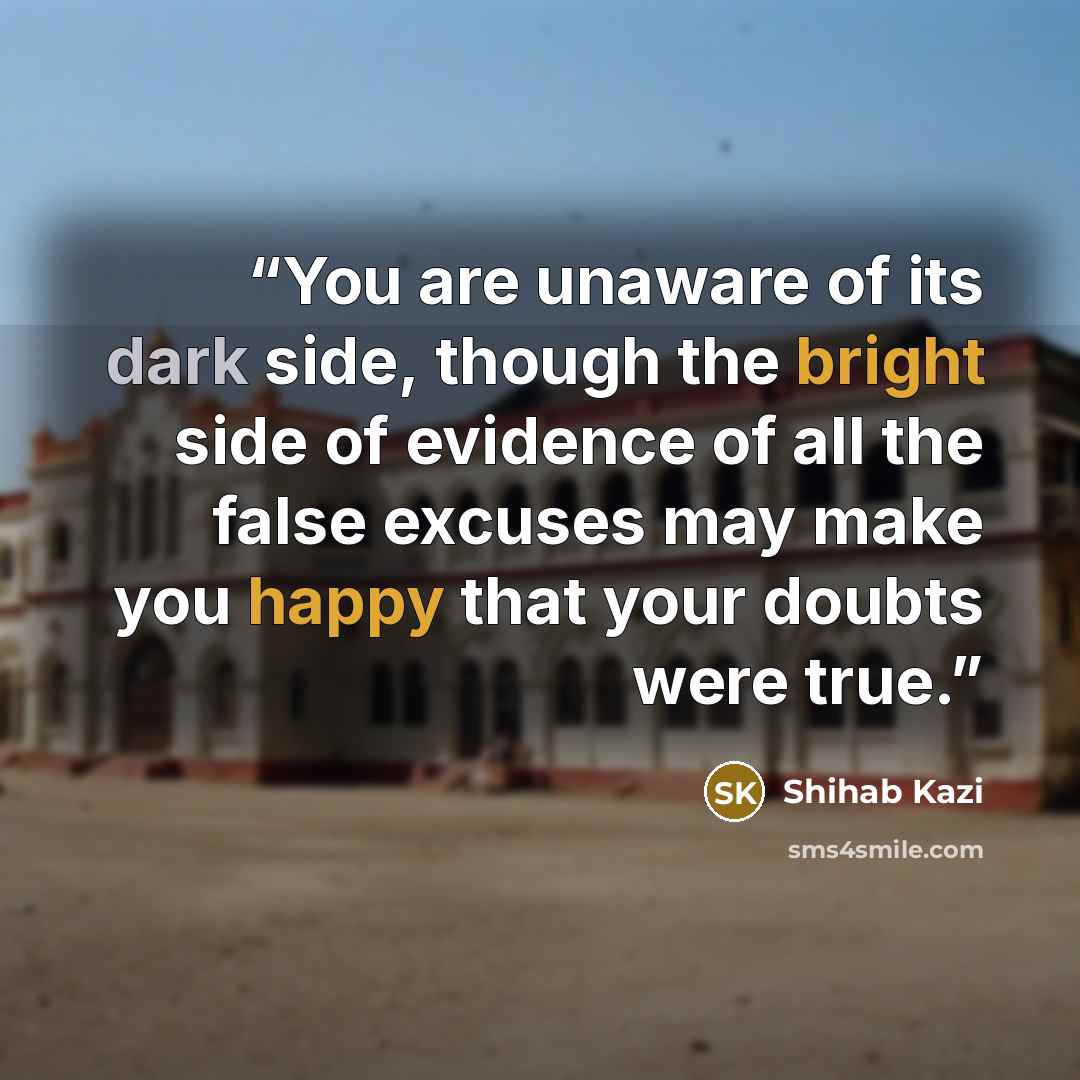 “You are unaware of its dark side, though the bright side of evidence of all the false excuses may make you happy that your doubts were true.” quote by Shihab Kazi