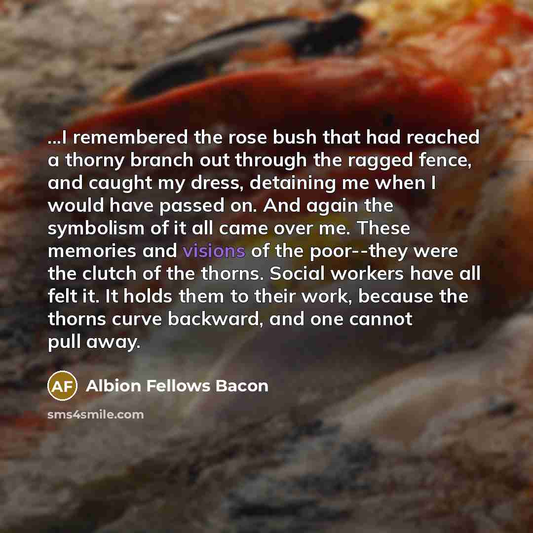 “...I remembered the rose bush that had reached a thorny branch out through the ragged fence, and caught my dress, detaining me when I would have passed on. And again the symbolism of it all came over me. These memories and visions of the poor--they were the clutch of the thorns. Social workers…” quote by Albion Fellows Bacon