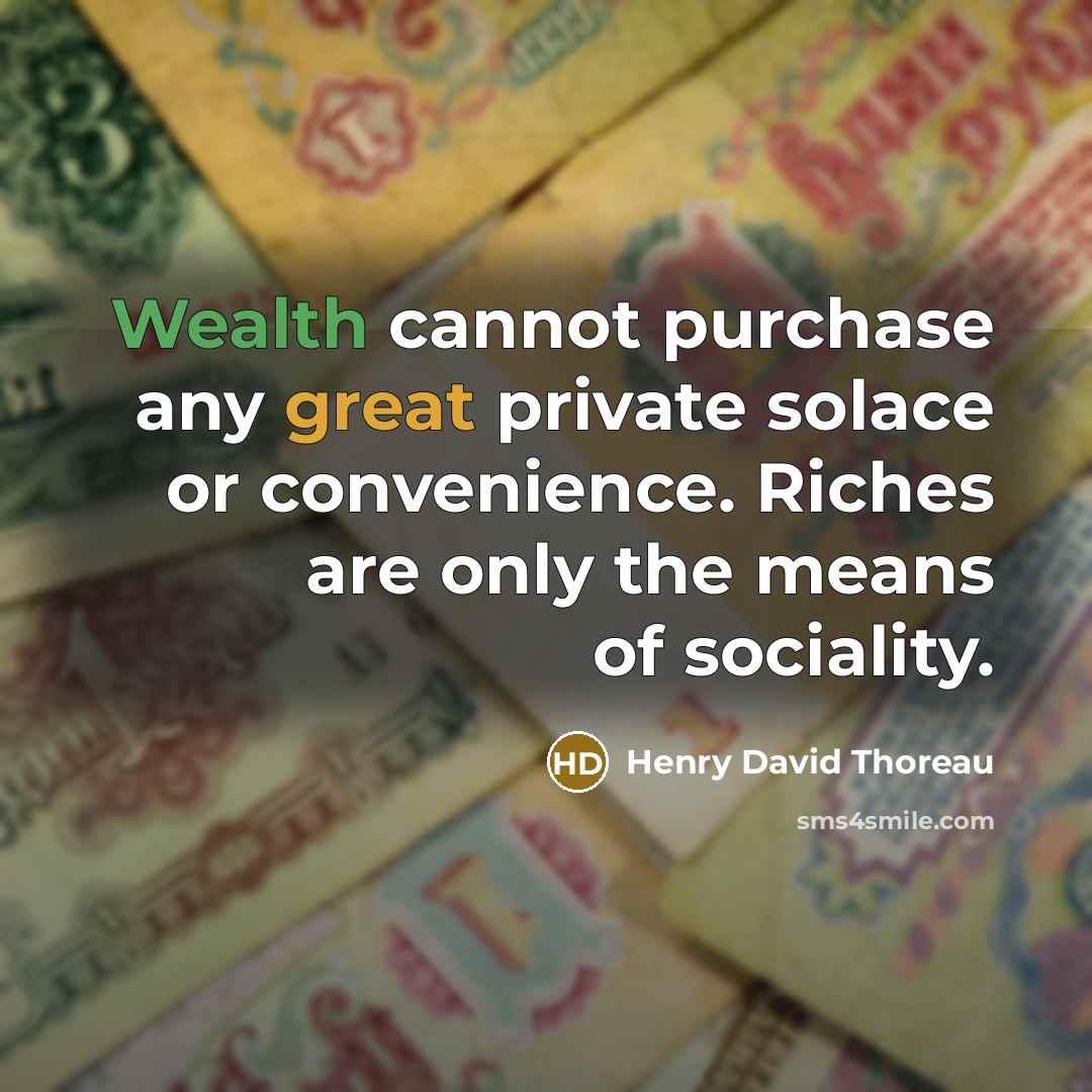 “Wealth cannot purchase any great private solace or convenience. Riches are only the means of sociality.” quote by Henry David Thoreau