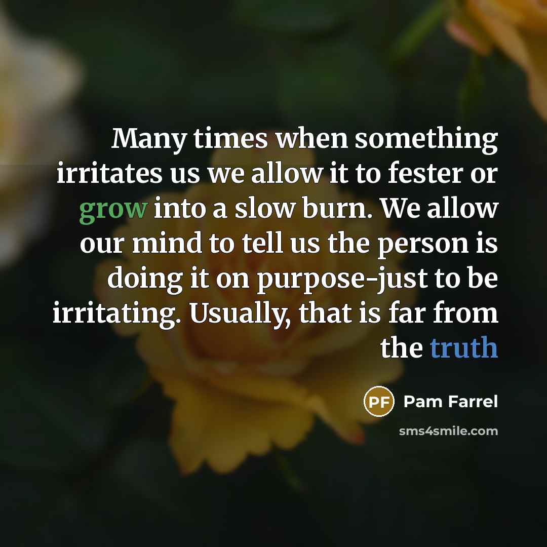 “Many times when something irritates us we allow it to fester or grow into a slow burn. We allow our mind to tell us the person is doing it on purpose-just to be irritating. Usually, that is far from the truth” quote by Pam Farrel