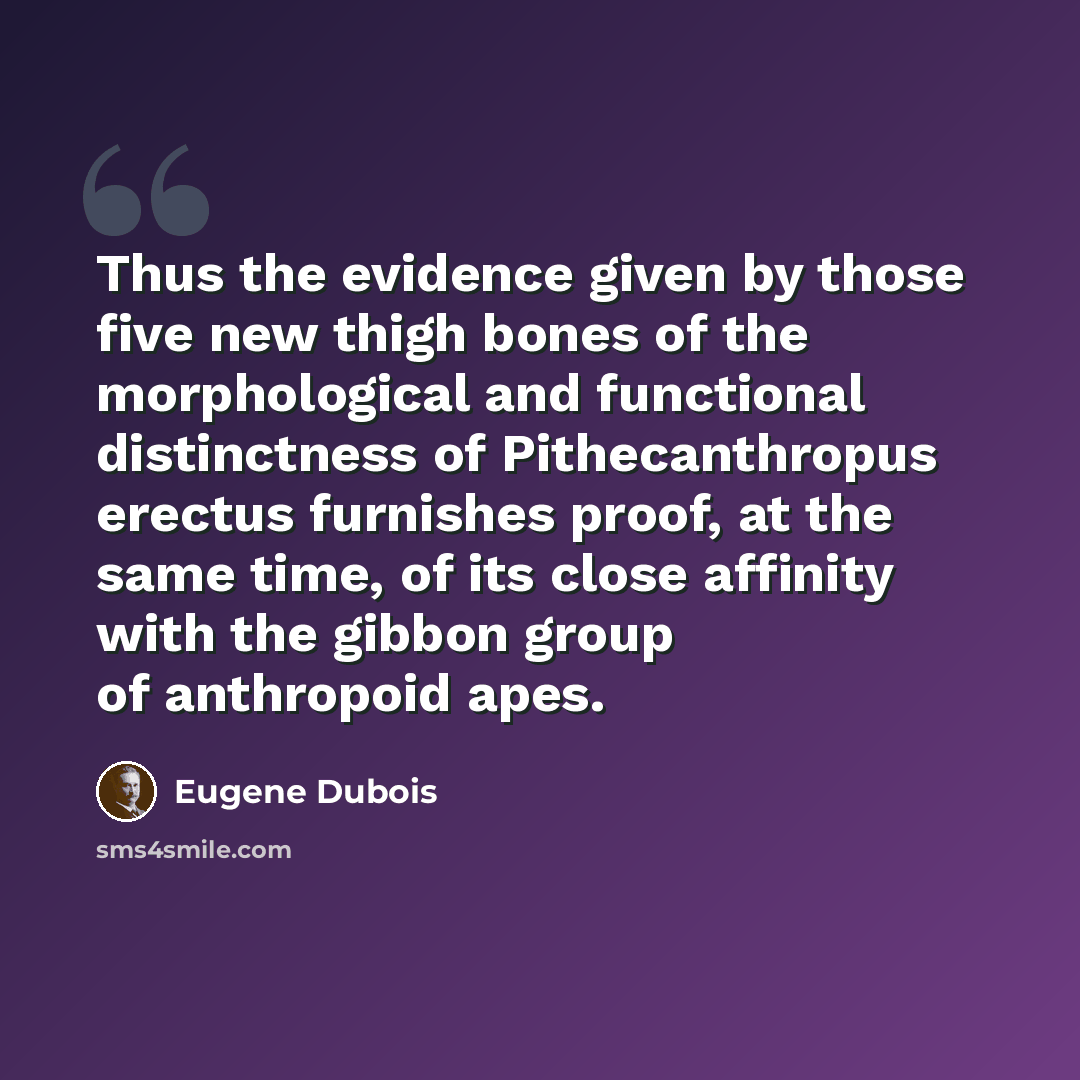 “Thus the evidence given by those five new thigh bones of the morphological and functional distinctness of Pithecanthropus erectus furnishes proof, at the same time, of its close affinity with the gibbon group of anthropoid apes.” quote by Eugene Dubois