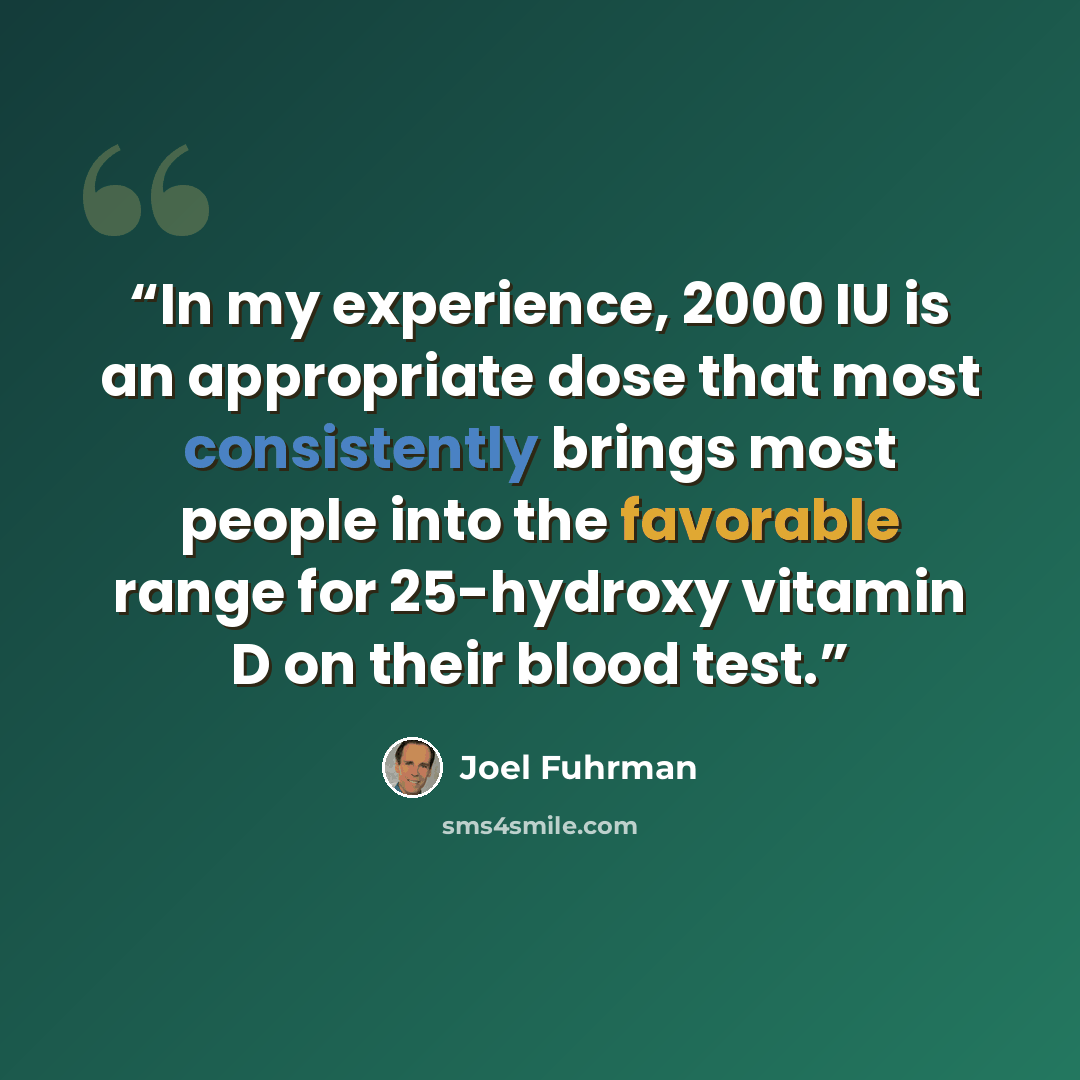 “In my experience, 2000 IU is an appropriate dose that most consistently brings most people into the favorable range for 25-hydroxy vitamin D on their blood test.” quote by Joel Fuhrman