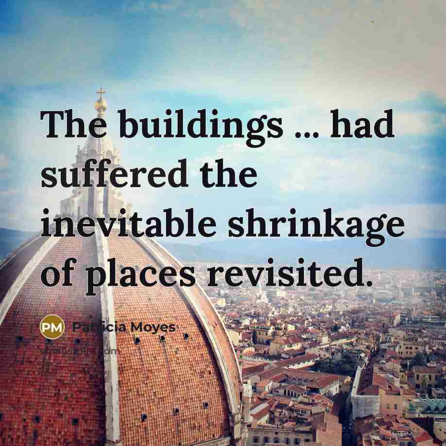 “The buildings ... had suffered the inevitable shrinkage of places revisited.” quote by Patricia Moyes