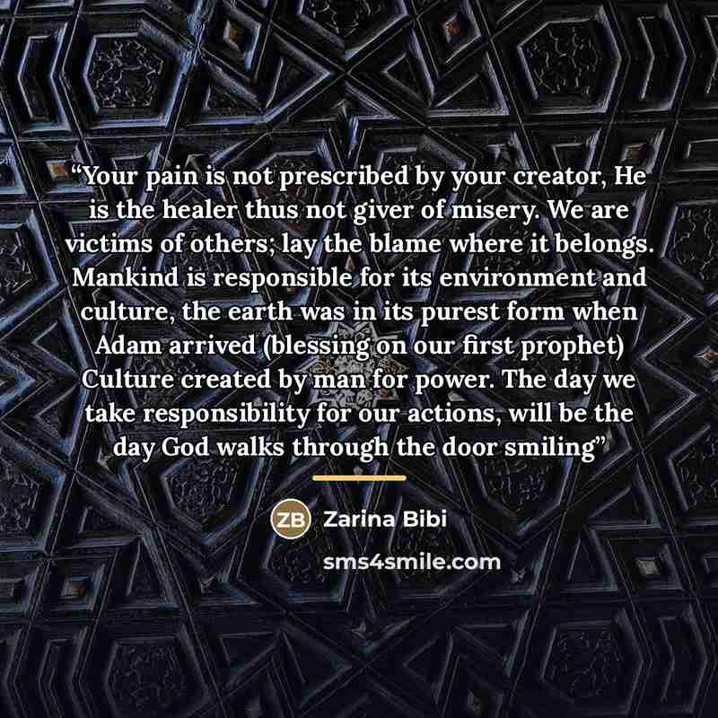 “Your pain is not prescribed by your creator, He is the healer thus not giver of misery. We are victims of others; lay the blame where it belongs. Mankind is responsible for its environment and culture, the earth was in its purest form when Adam arrived (blessing on our first prophet) Culture…” quote by Zarina Bibi
