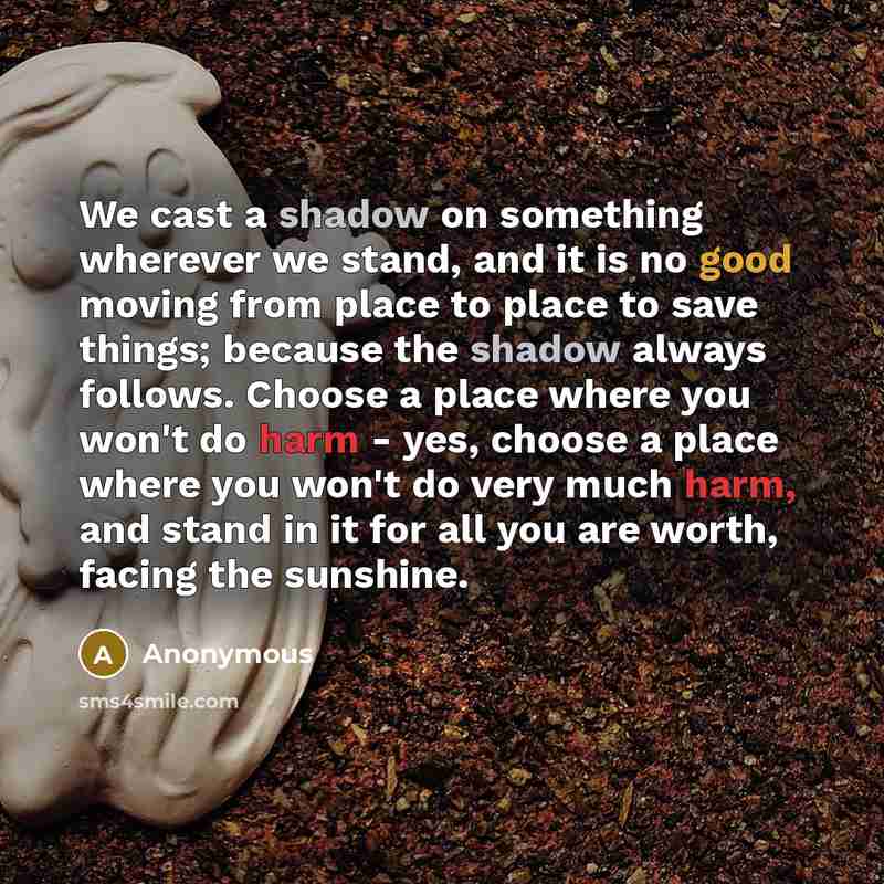 “We cast a shadow on something wherever we stand, and it is no good moving from place to place to save things; because the shadow always follows. Choose a place where you won't do harm - yes, choose a place where you won't do very much harm, and stand in it for all you are worth, facing the sunshine.” quote by Anonymous