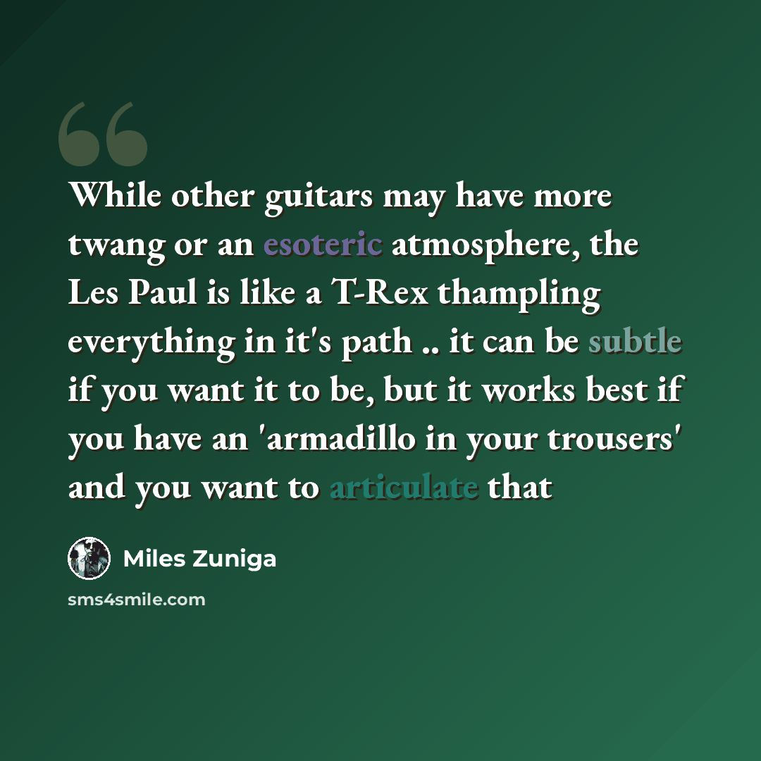 “While other guitars may have more twang or an esoteric atmosphere, the Les Paul is like a T-Rex thampling everything in it's path .. it can be subtle if you want it to be, but it works best if you have an 'armadillo in your trousers' and you want to articulate that” quote by Miles Zuniga