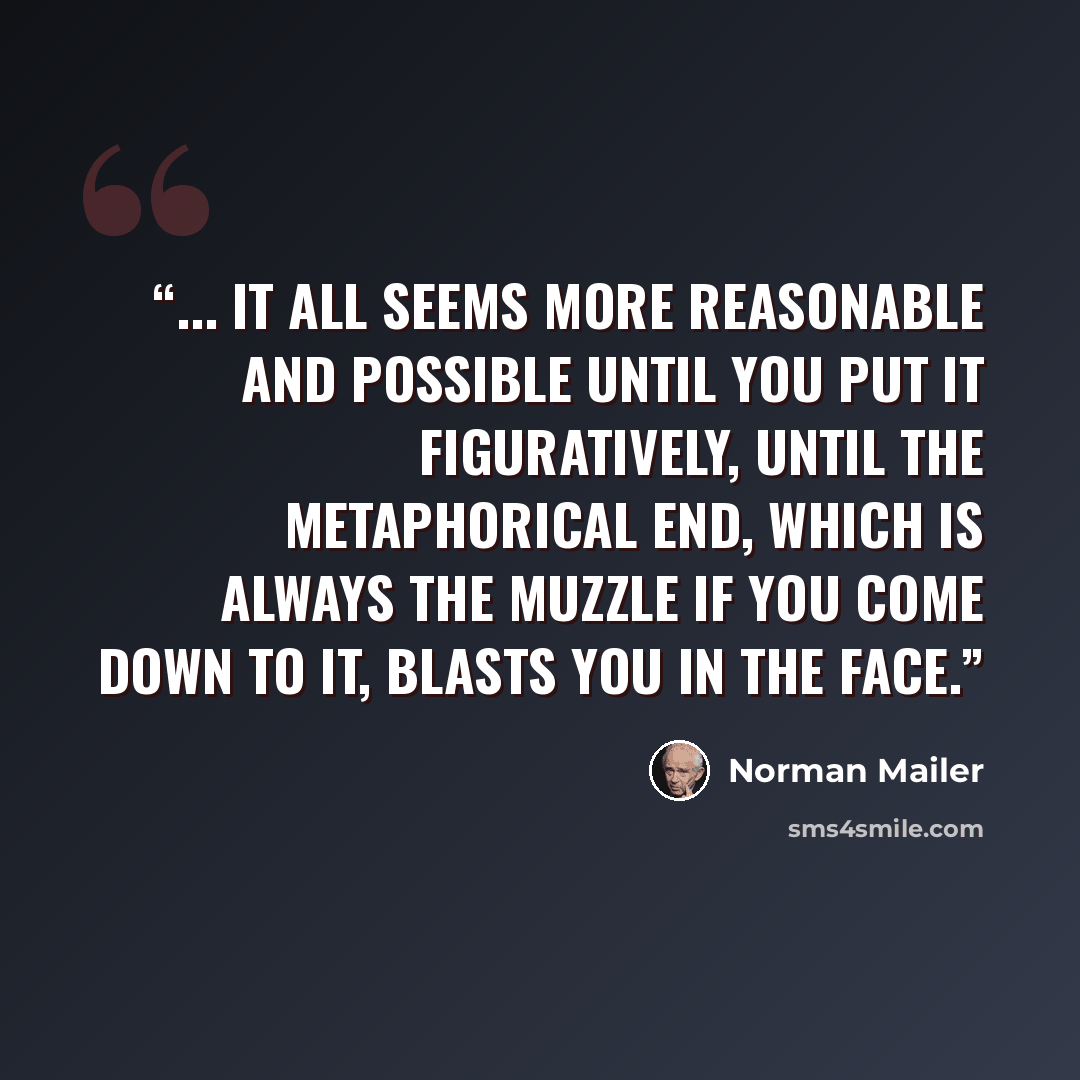 “... it all seems more reasonable and possible until you put it figuratively, until the metaphorical end, which is always the muzzle if you come down to it, blasts you in the face.” quote by Norman Mailer