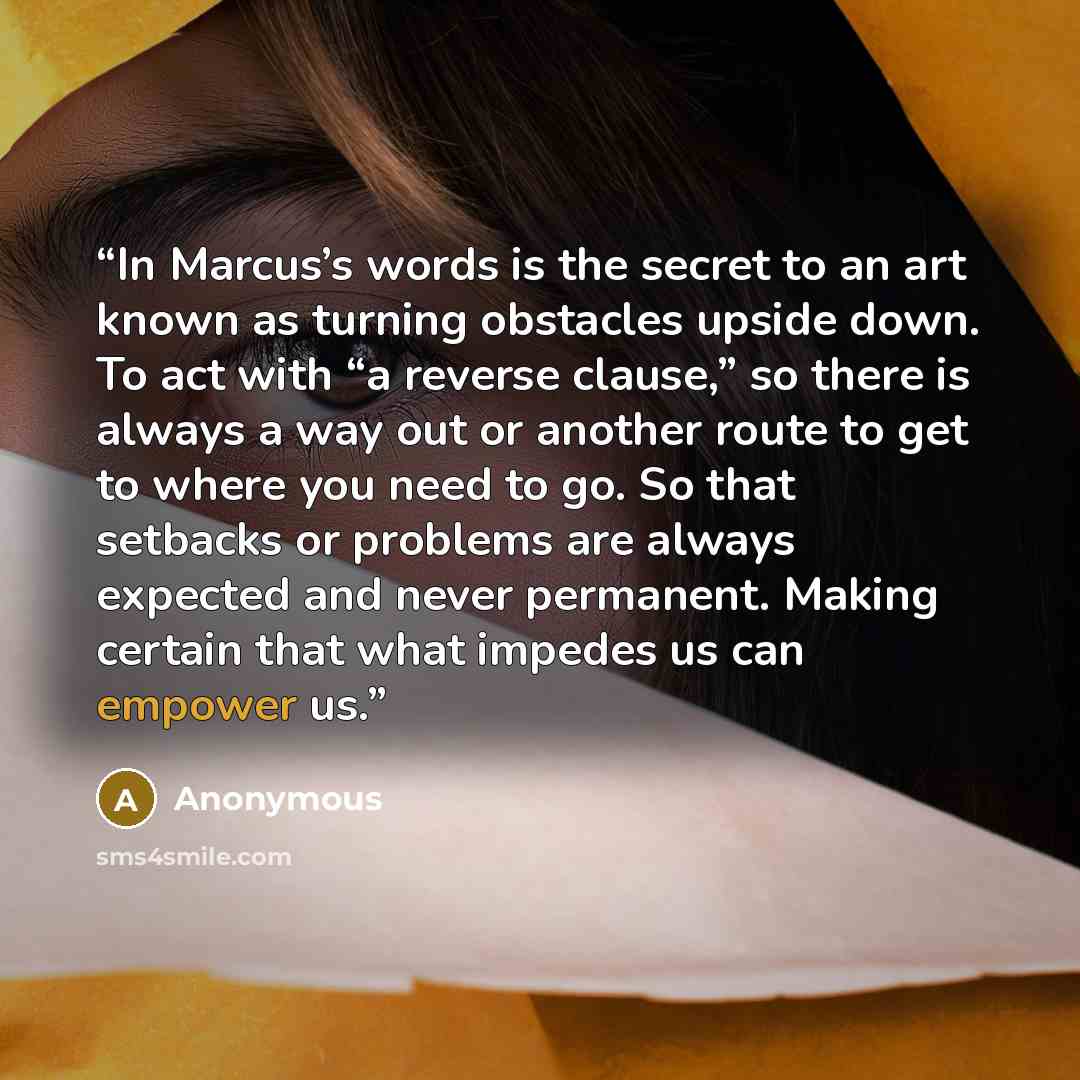 “In Marcus’s words is the secret to an art known as turning obstacles upside down. To act with “a reverse clause,” so there is always a way out or another route to get to where you need to go. So that setbacks or problems are always expected and never permanent. Making certain that what impedes us…” quote by Anonymous