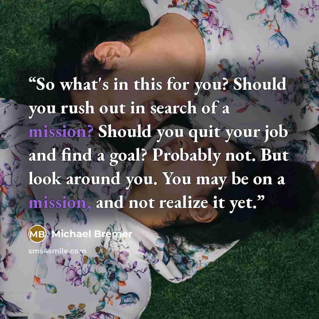 “So what's in this for you? Should you rush out in search of a mission? Should you quit your job and find a goal? Probably not. But look around you. You may be on a mission, and not realize it yet.” quote by Michael Bremer