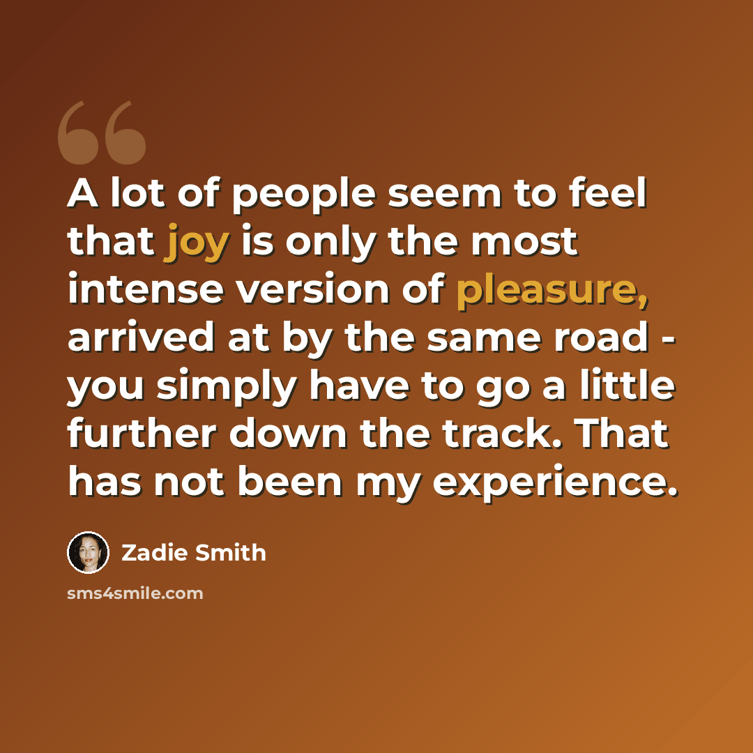 “A lot of people seem to feel that joy is only the most intense version of pleasure, arrived at by the same road - you simply have to go a little further down the track. That has not been my experience.” quote by Zadie Smith