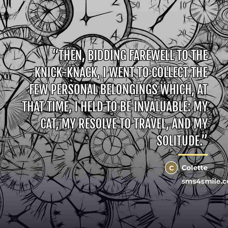 “Then, bidding farewell to The Knick-Knack, I went to collect the few personal belongings which, at that time, I held to be invaluable: my cat, my resolve to travel, and my solitude.” quote by Colette