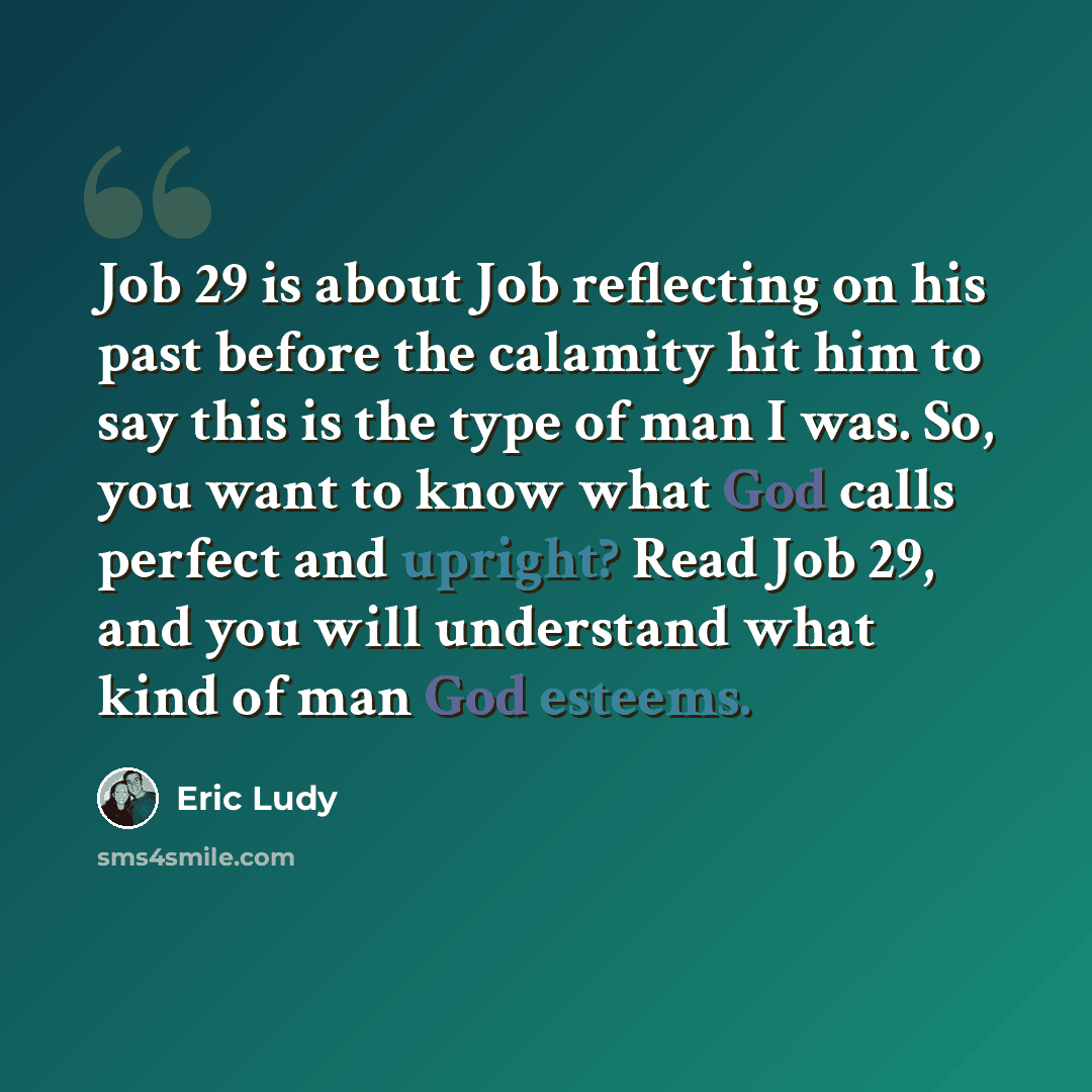 “Job 29 is about Job reflecting on his past before the calamity hit him to say this is the type of man I was. So, you want to know what God calls perfect and upright? Read Job 29, and you will understand what kind of man God esteems.” quote by Eric Ludy