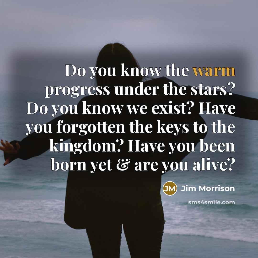 “Do you know the warm progress under the stars? Do you know we exist? Have you forgotten the keys to the kingdom? Have you been born yet & are you alive?” quote by Jim Morrison