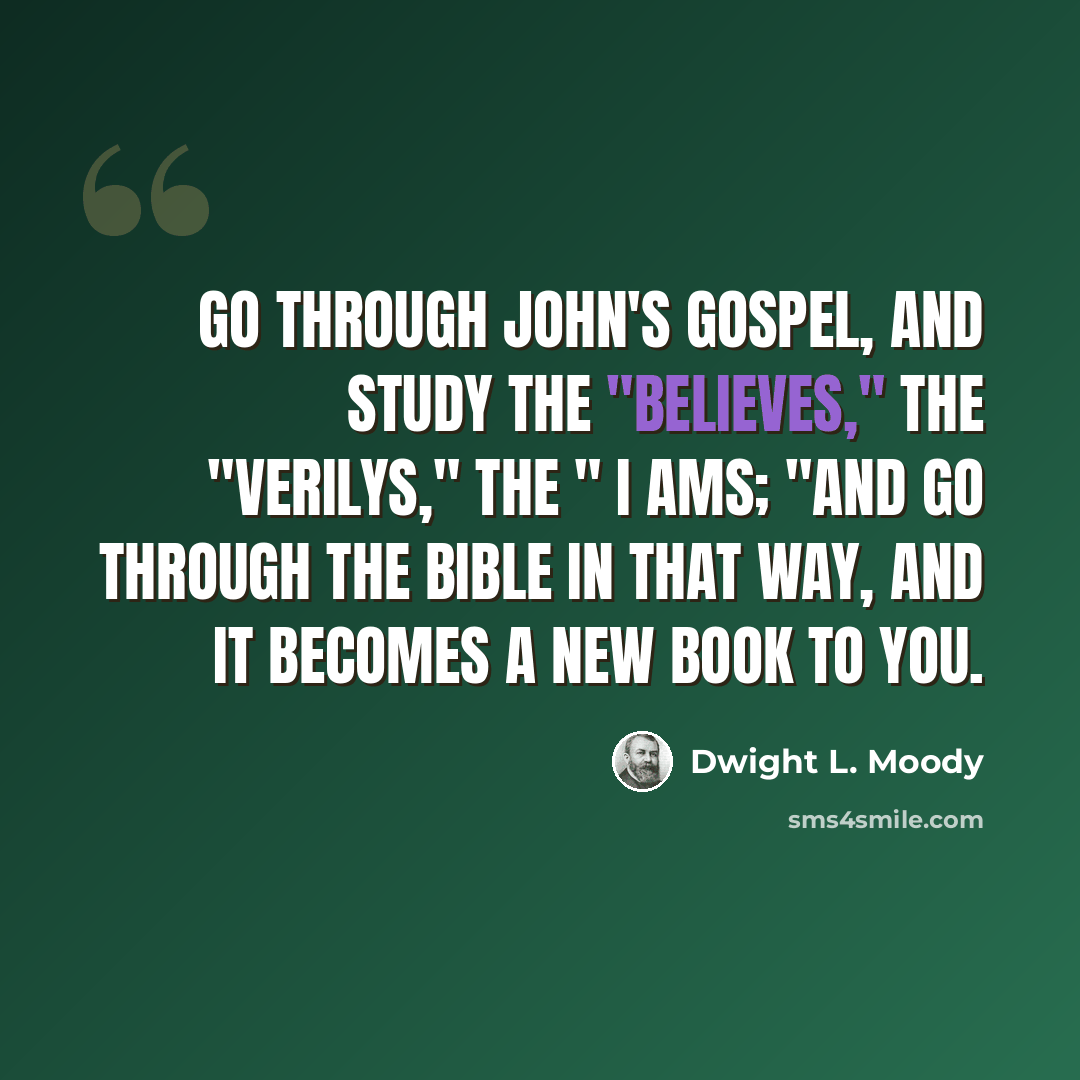 “Go through John's Gospel, and study the "believes," the "verilys," the " I ams; "and go through the Bible in that way, and it becomes a new book to you.” quote by Dwight L. Moody