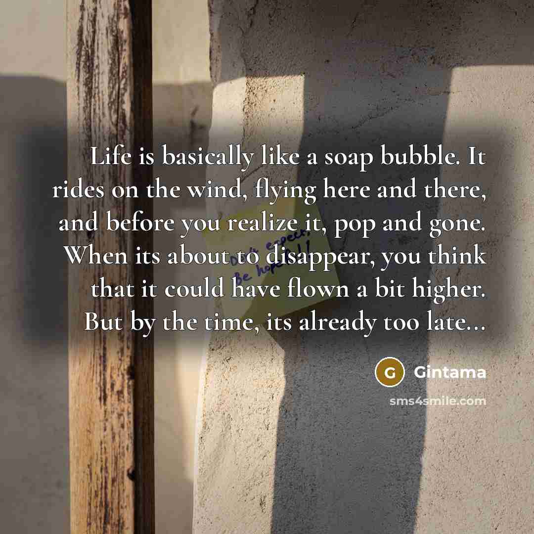 “Life is basically like a soap bubble. It rides on the wind, flying here and there, and before you realize it, pop and gone. When its about to disappear, you think that it could have flown a bit higher. But by the time, its already too late...” quote by Gintama